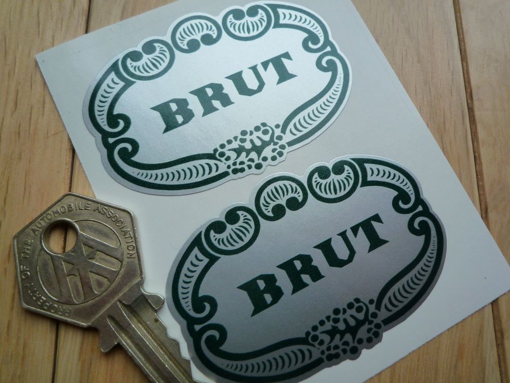 Brut Aftershave Sponsors Shaped Green & Silver Stickers. 60mm Pair.
