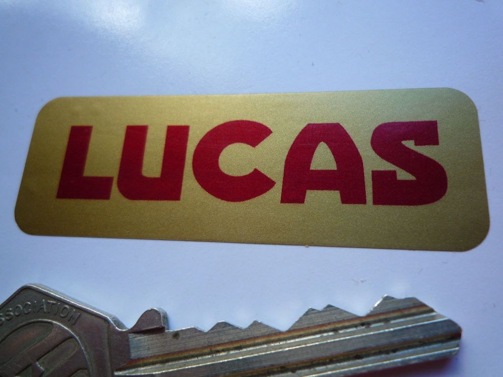 Lucas Small Motorcycle Battery Sticker. Red & Gold. No.27 