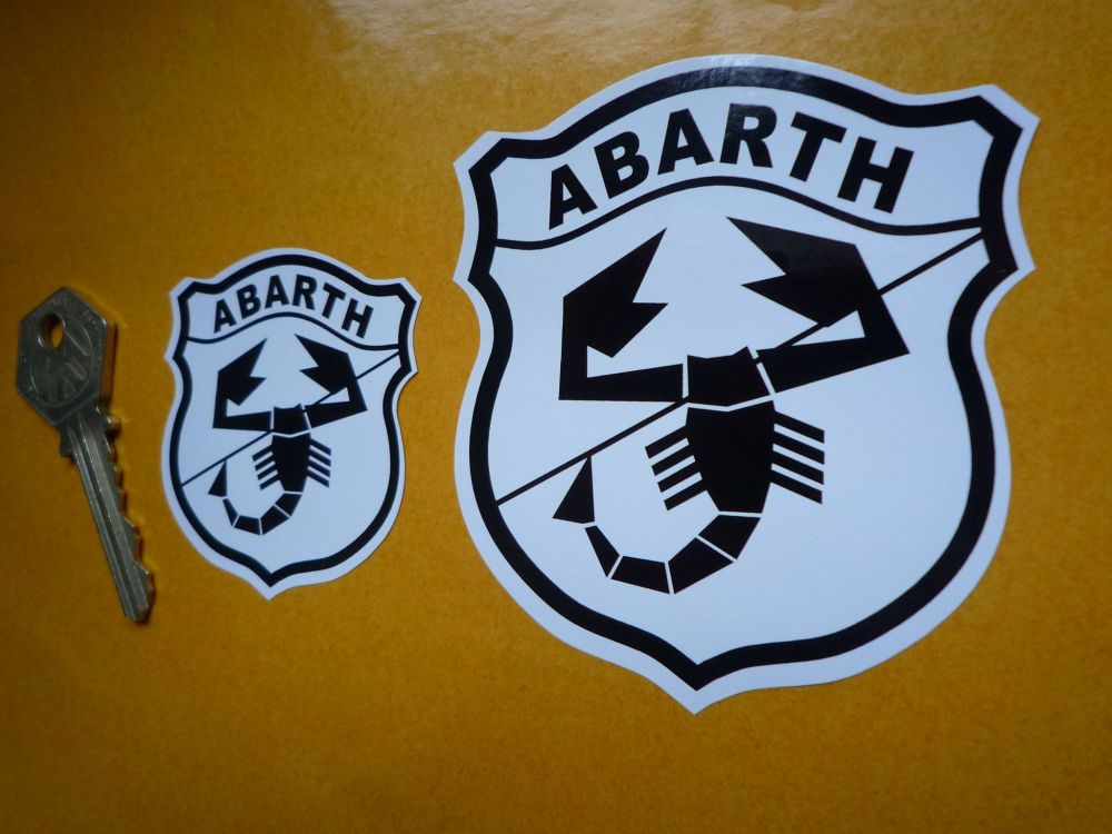 Abarth Black & White Shield Stickers. 2" or 3" Pair.