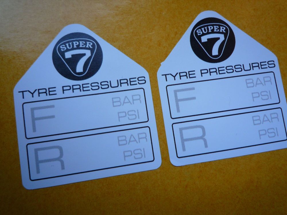 Super 7 Lotus Westfield Caterham Tyre Pressure Stickers. 1.75" Pair.
