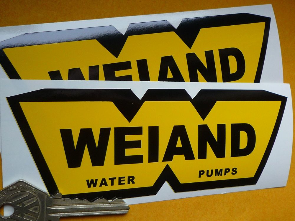 Weiand Water Pumps Black & Yellow Stickers. 6" Pair.