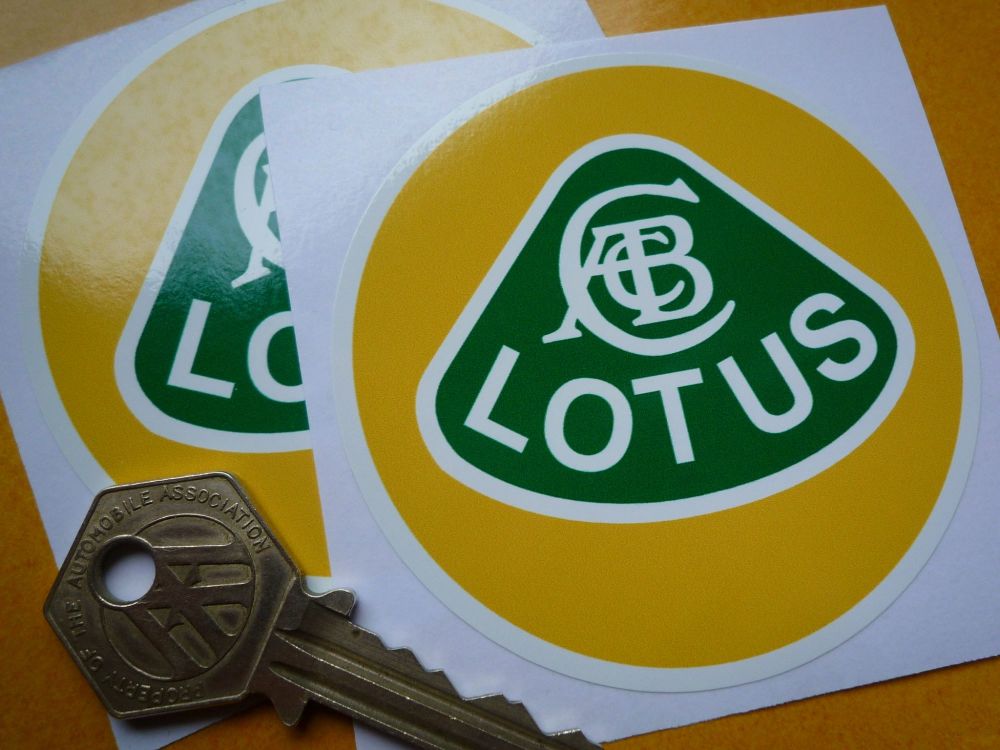 Lotus Old Text Yellow, Green, & White Circular Logo Stickers. 3" Pair.