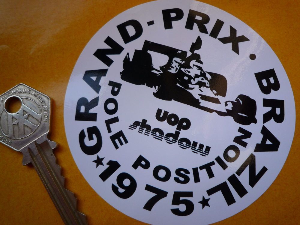 UOP Shadow Brazil GP Pole Position 1975 Sticker. 3.5".