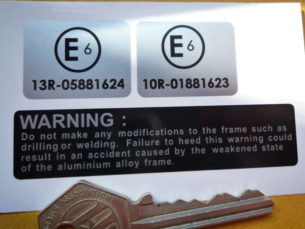 Suzuki Frame Labels. E6. Silver. Set of 3 Stickers.