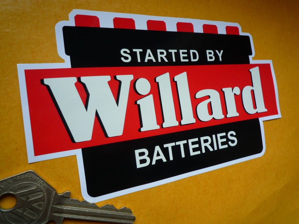 Willard 'Started by Willard Batteries' Shaped Sticker. 6.5".