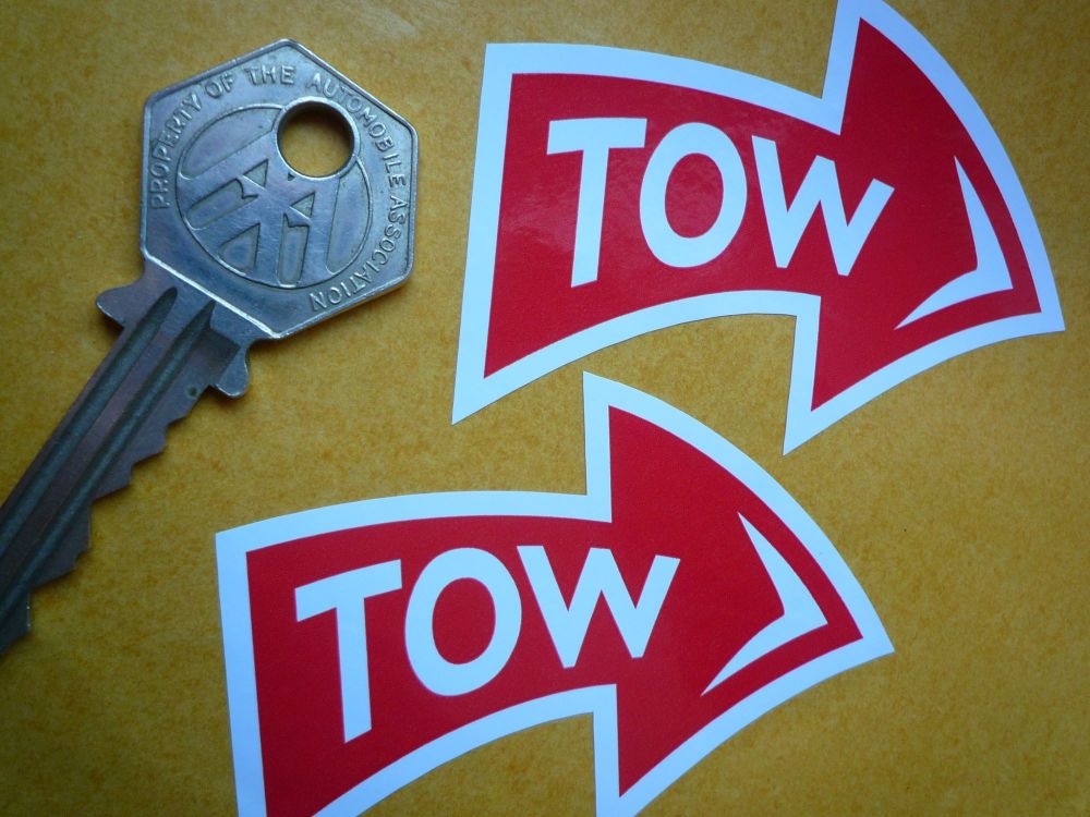 TOW Racing Car Text & Curved Arrow Stickers. 70mm Pair. Various Colours.