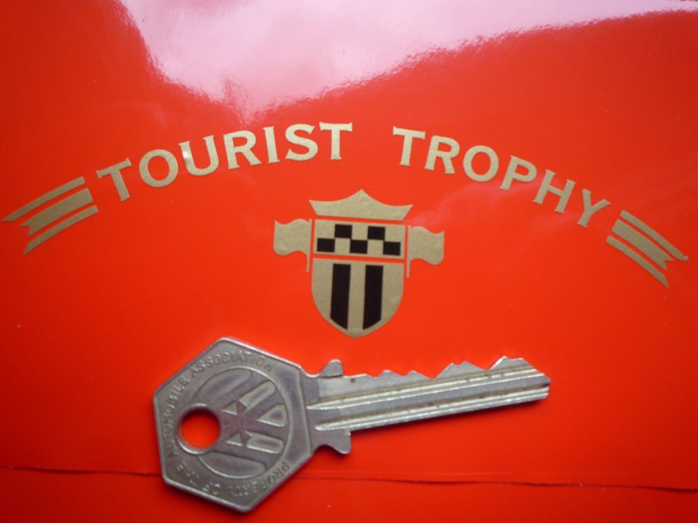 Tourist Trophy Text & Shield Style Sticker. 4.5".