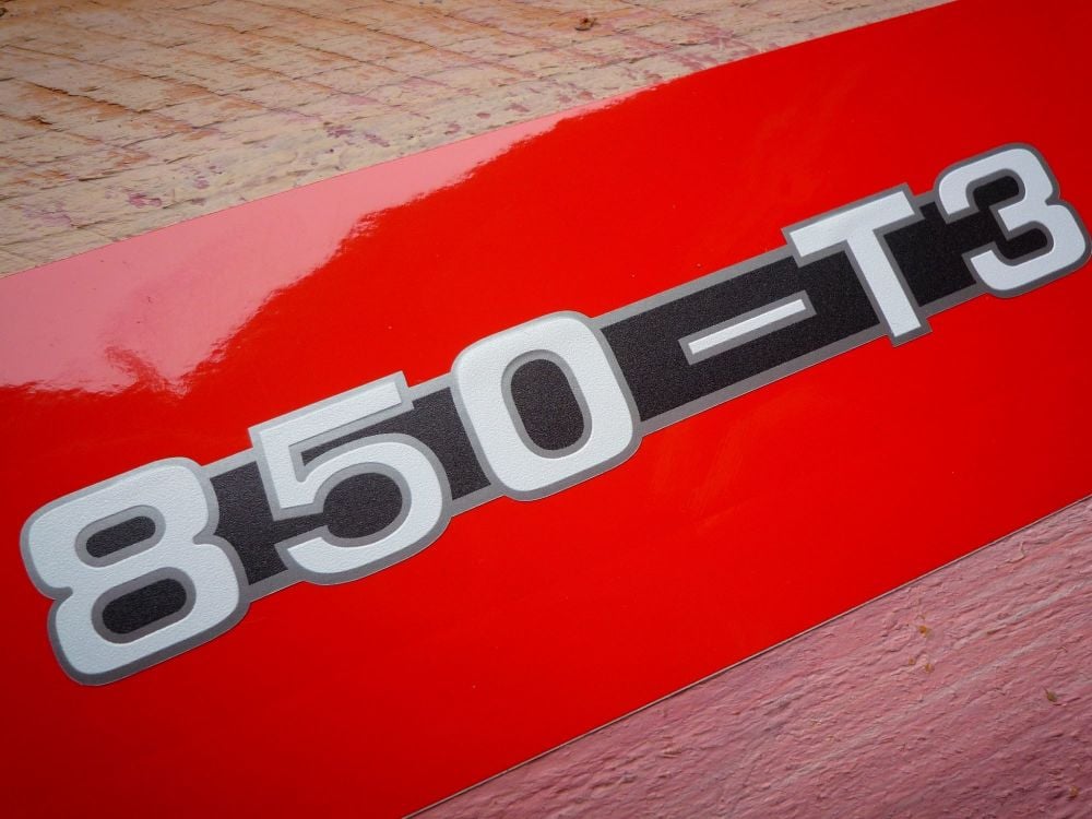850 -T3 Moto Guzzi One Piece Script Cut to Shape Metallic Sidepanel Stickers. 5" Pair.