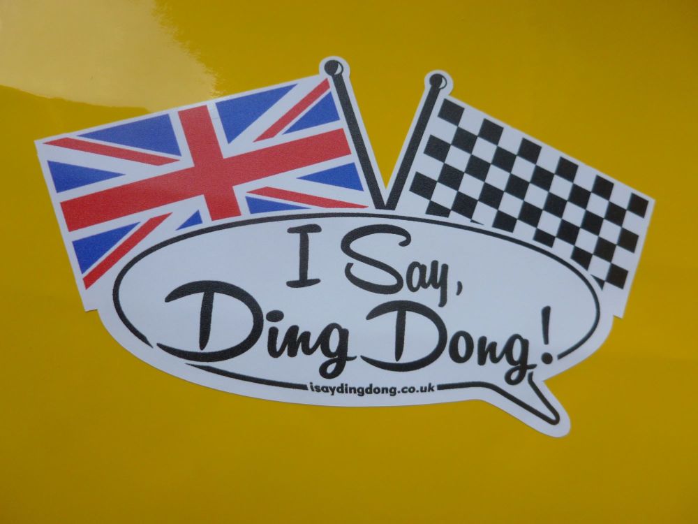 I Say Ding Dong Crossed Flags Style Stickers. 3", 4", 5", or 8" Pair.