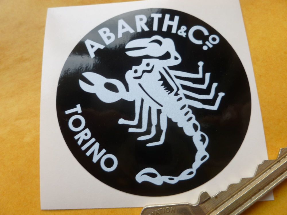 Abarth & Co Torino White on Black Circular Sticker. 2.5