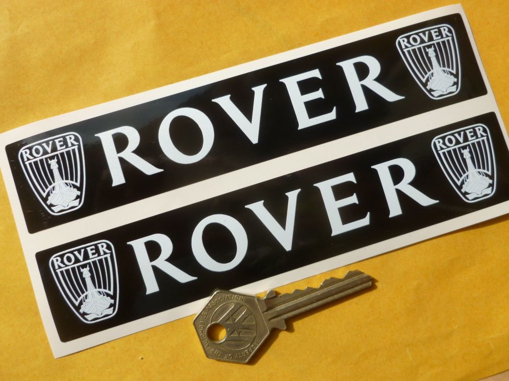 Rover White on Black Stickers. 7" Pair.