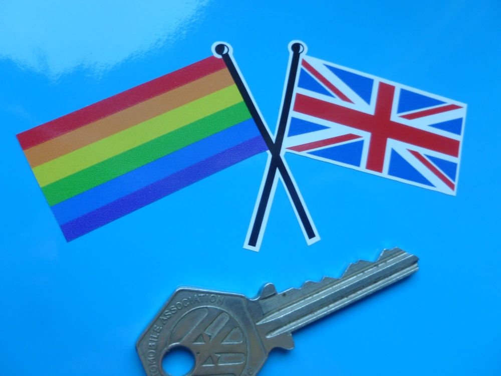Union Jack & Gay LGBT Pride Rainbow Crossed Straight Flags Sticker. 4".