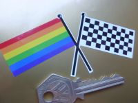 Chequered & Gay LGBT Pride Rainbow Crossed Straight Flags Sticker. 4".
