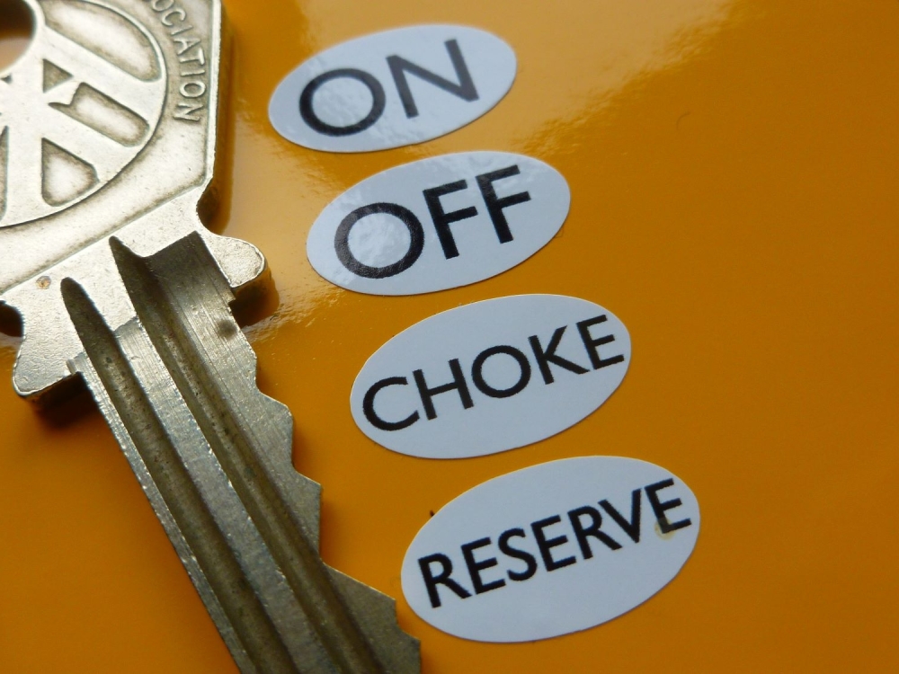 On. Off. Choke. Reserve. Fuel Tap Settings Identifying Stickers. Set of 4.