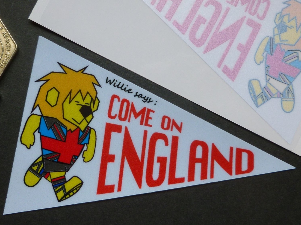 World Cup Willie Come on England' Pennant Shaped 60's Style Football Sticker. 4".