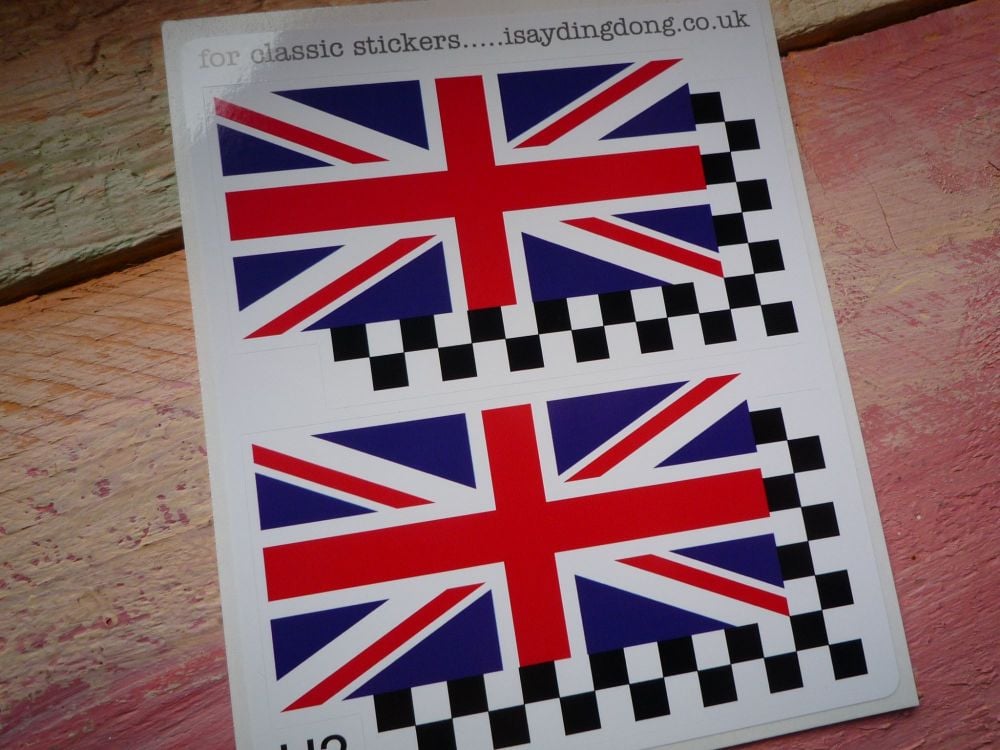 Union Jack & Chequered Hailwood style Helmet Stickers. 2", 3", or 4" Pair.