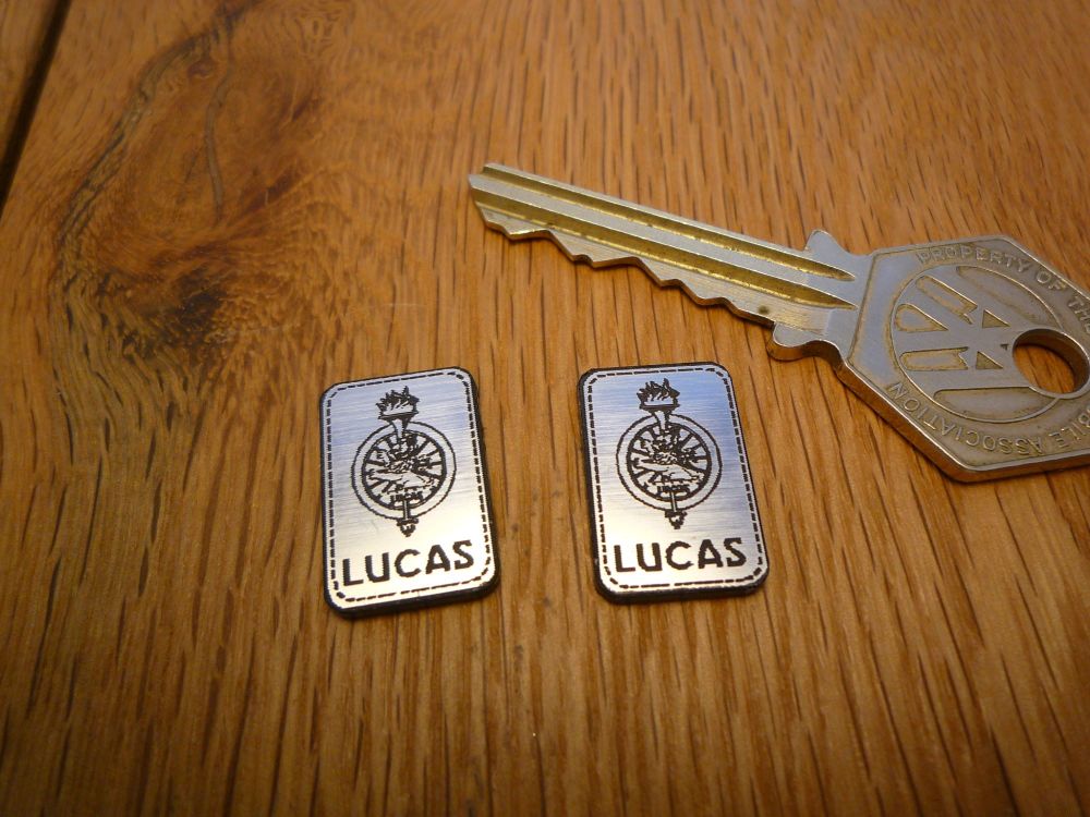 Lucas Electrical Ltd. Oblong Silver Style Self Adhesive Badges. 20mm Pair.