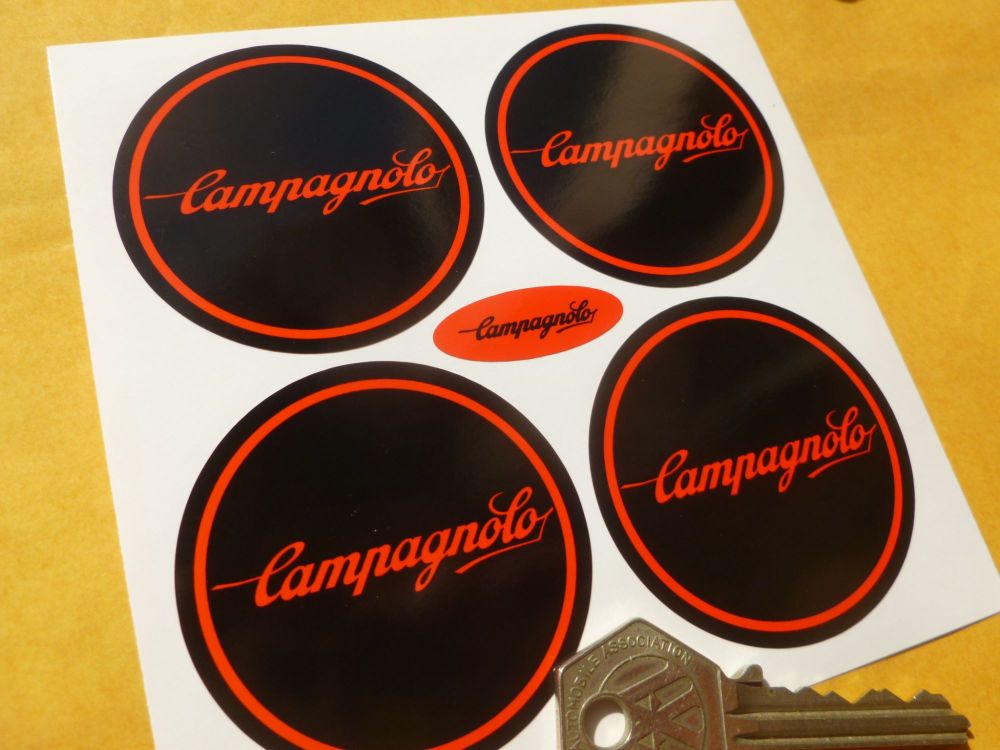 Campagnolo Red & Black Wheel Centre Stickers. 50mm or 55mm. Set of 4.