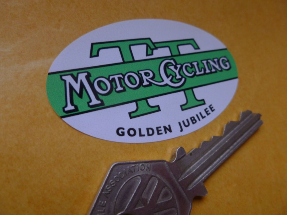 Isle Of Man TT Races 1957 Golden Jubilee Motor Cycling Magazine Oval Sticker. 65mm.