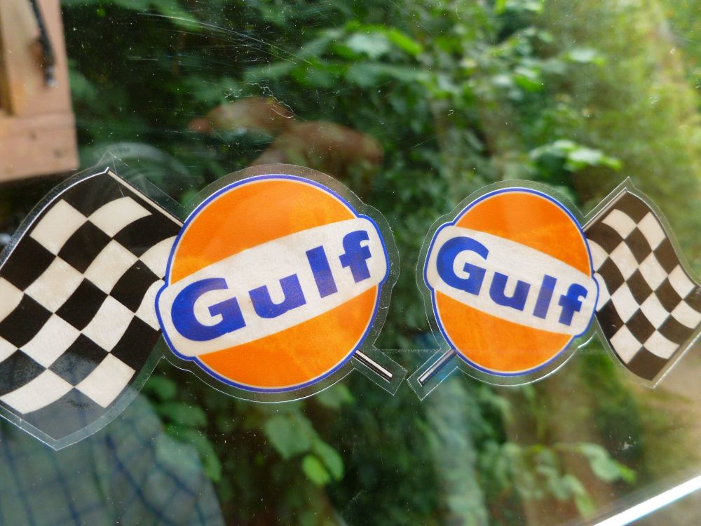Gulf Chequered Flags Window Stickers. Handed 3" Pair.