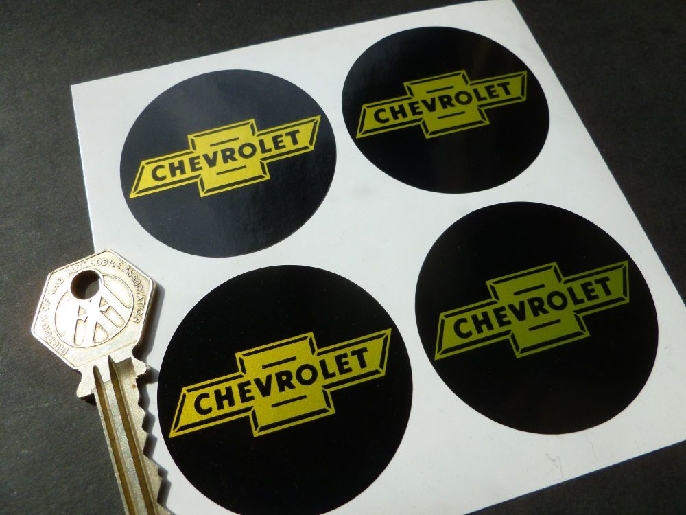 Chevrolet Dicky Bow Black & Yellow Wheel Centre Stickers. Set of 4. 25mm or 50mm.