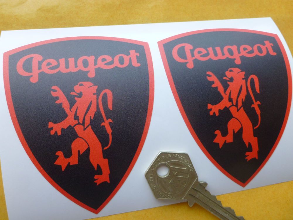 Peugeot Classic Red & Black Lion in Shield Stickers. 3.5" Pair.