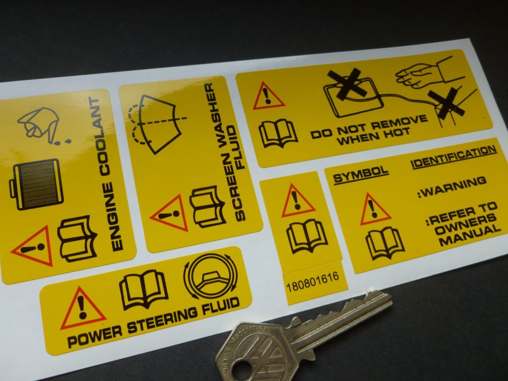 Rover, MG, Land Rover, Range Rover Under Bonnet Warning Label Stickers. Set of 6.