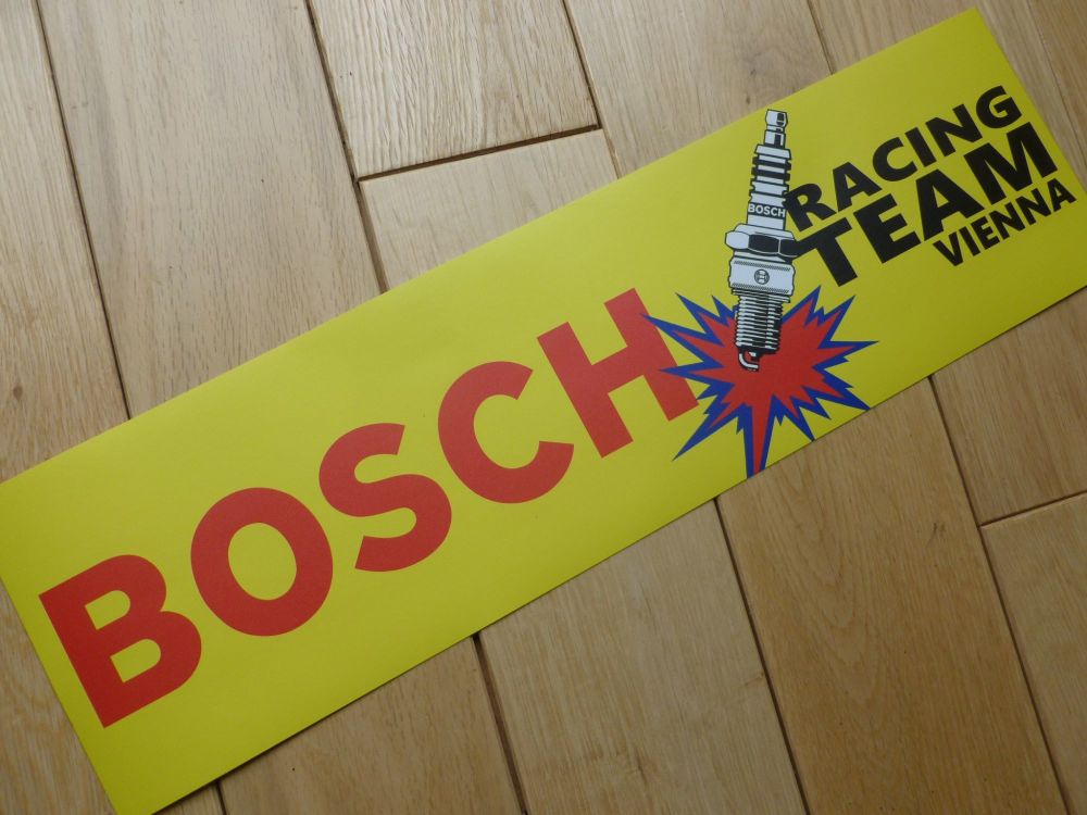 Bosch Racing Team Vienna Spark Plug Yellow & Red Oblong Stickers. 16" Pair.
