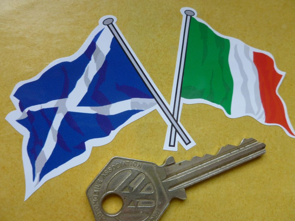 Crossed Scottish Saltire & Italian Tricola Flag Sticker. 4".