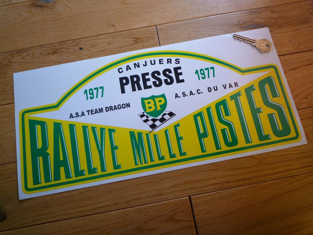 Rallye Mille Pistes BP 1977 Presse Rally Plate Sticker. 16.5".
