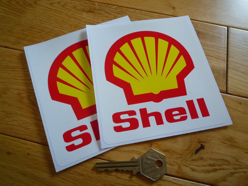 Shell F1 Angular Red Text & Logo Stickers. 5.25" Pair.