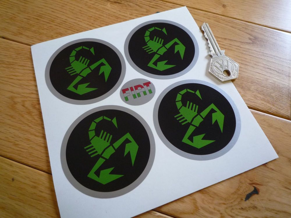 Abarth Scorpion Wheel Centre Stickers. Green, Black, Silver. Set of 4. 65mm.