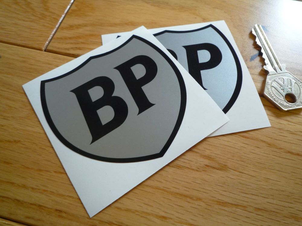BP Silver & Black Shield Shaped Stickers. 3" Pair.