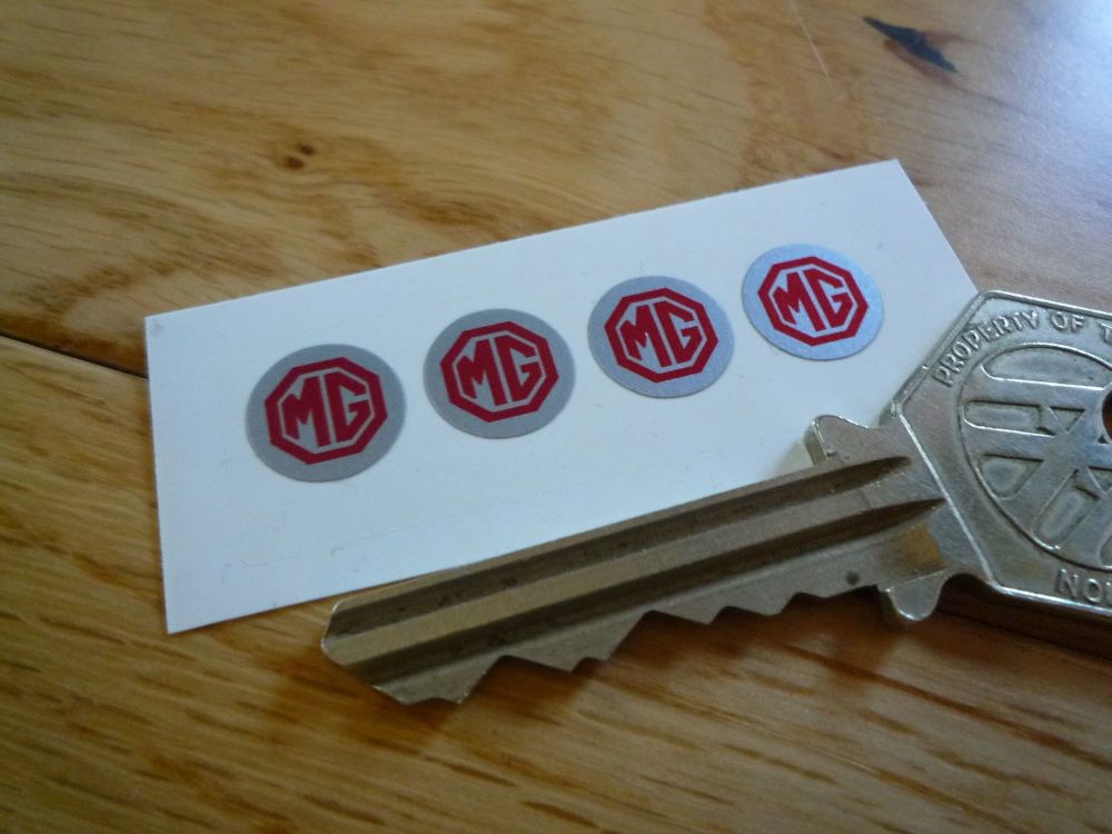 MG Red & Silver Circular Stickers. Set of 4. 10mm.