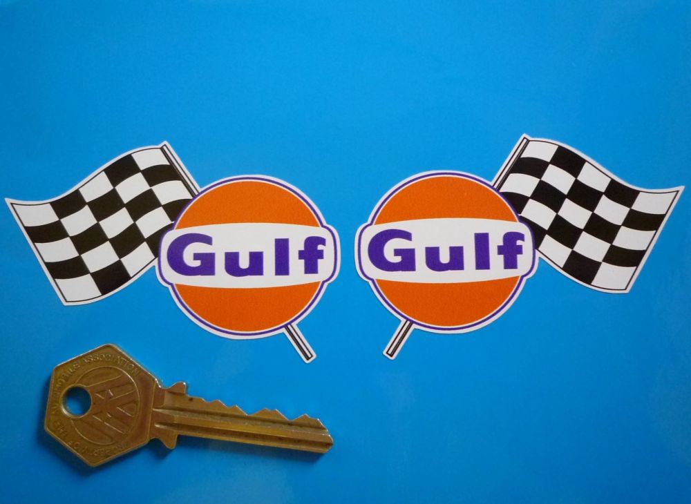 Gulf Logo & Chequered Flag Handed Stickers. 3", 4", 6" or 11" Pair.