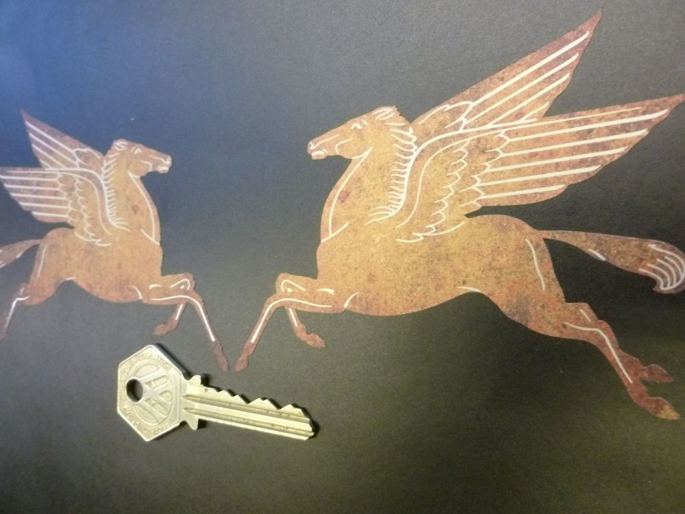 Mobil Pegasus Shaped Rusty Style Stickers. 4" or 6" Pair.