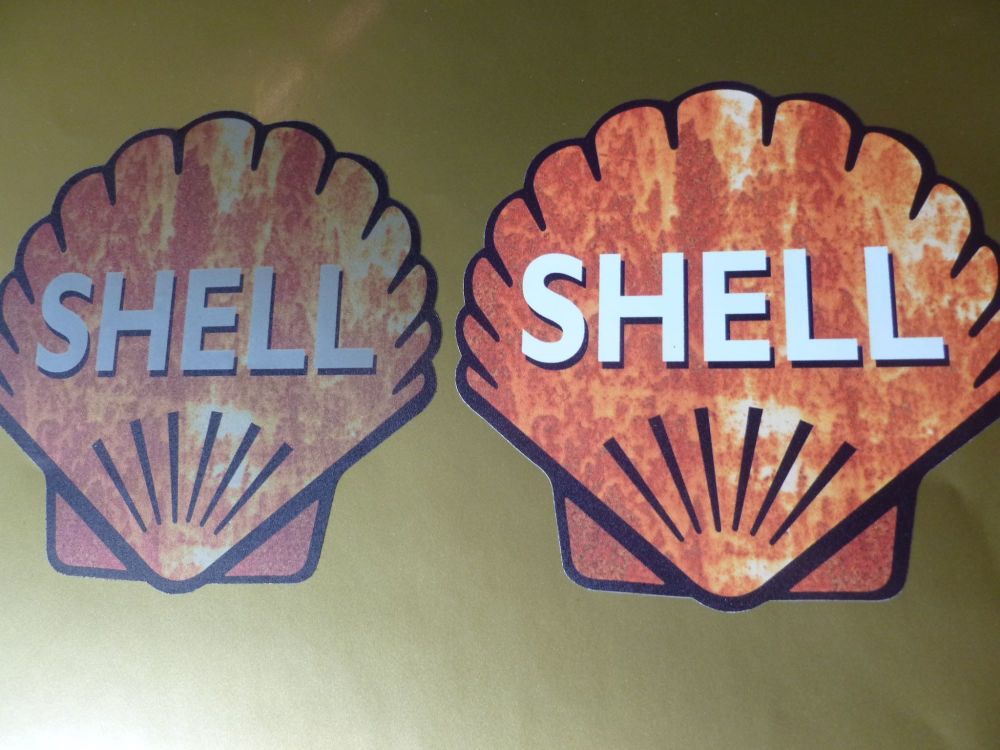 Shell Classic Shaped Rusty Style Stickers. 4" Pair.