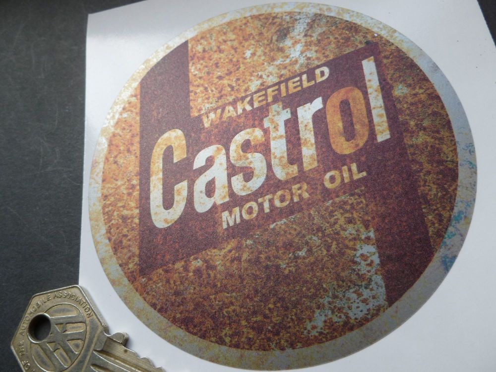 Castrol Motor Oil Rusty Style Stickers. 4" Pair.