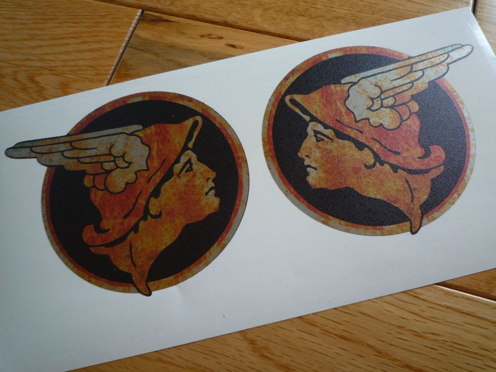 National Benzole Mercury Winged Helmet Rusty Style Stickers. 2.25" or 4" Handed Pair.