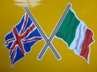 Crossed Union Jack & Italian Wavy Flag Sticker. 4".