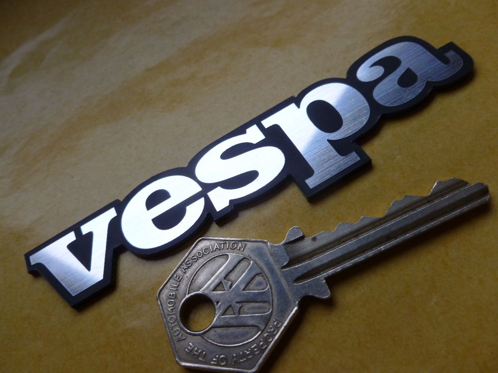 Vespa Laser Cut Self Adhesive Scooter Badge. Black & Silver. 4".