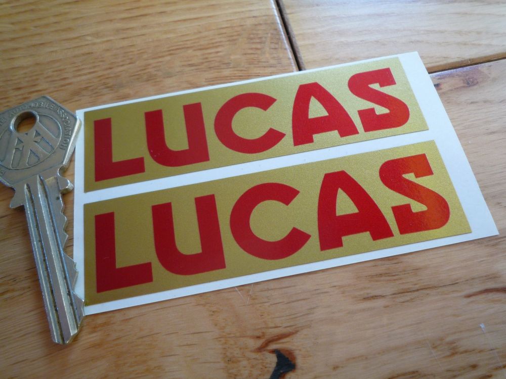 Lucas Red & Gold Oblong Stickers. 3.25