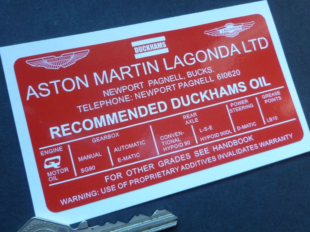 Aston Martin Lagonda Ltd Recommended Duckhams Oil Under Bonnet Sticker DBV8 DBS DB6 etc. 110mm.