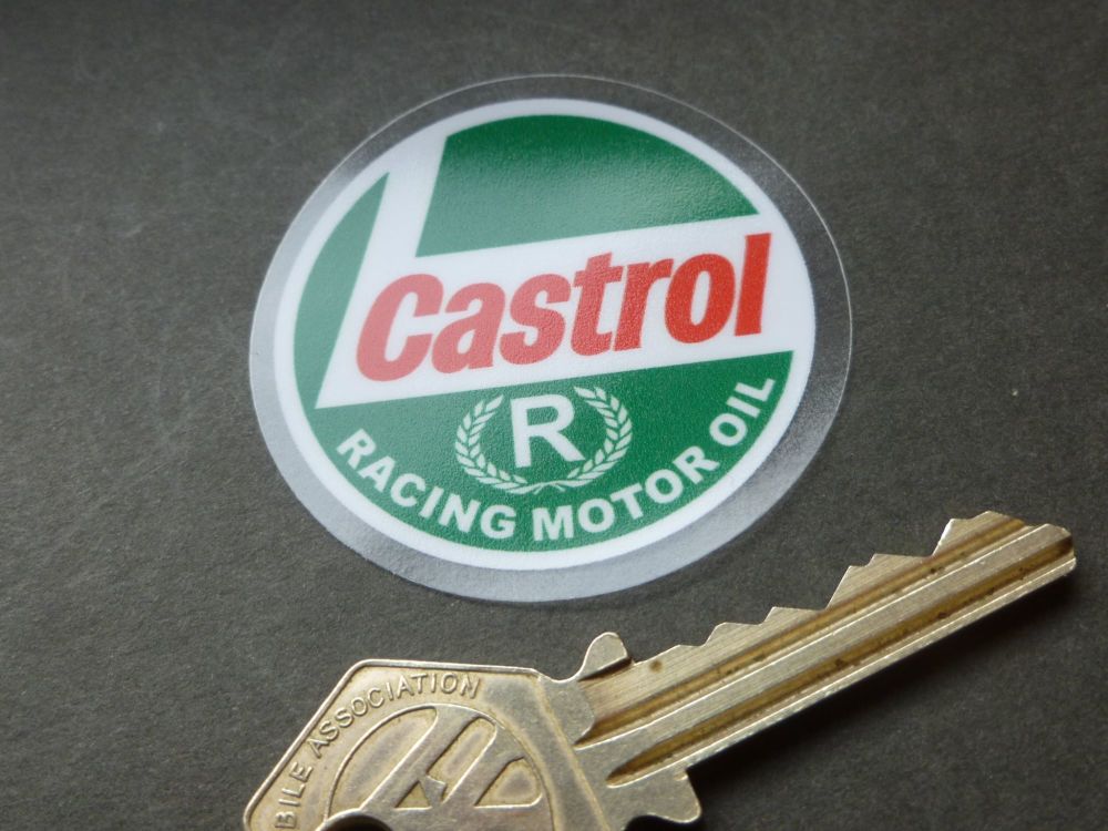 Castrol R Racing Motor Oil Circular window Stickers. 2" Pair.