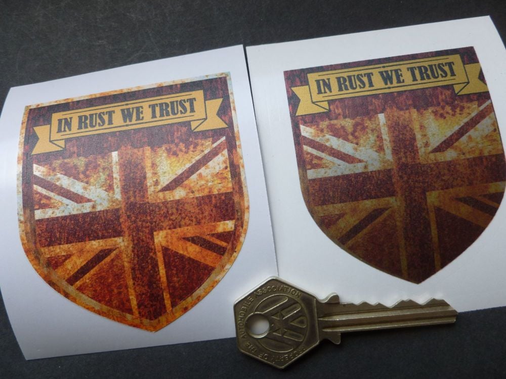 In Rust We Trust Union Jack Shield Style Sticker. Various Colours. 2.75".