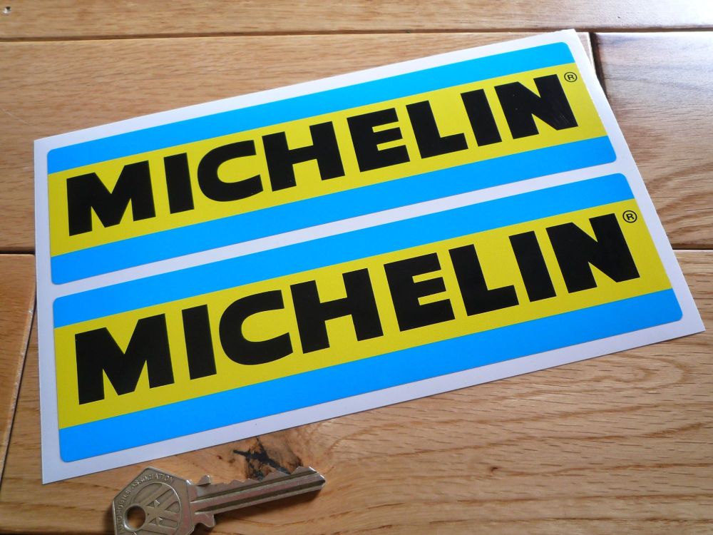 Michelin 70's & 80's Style Blue & Yellow Oblong Stickers. 4", 8", or 9" Pair.