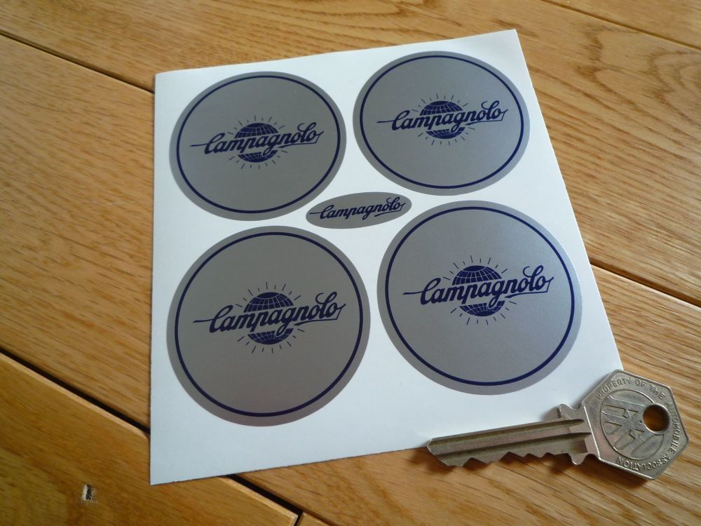 Campagnolo Silver & Blue Globe Logo Wheel Centre Stickers. Set of 4. 55mm.