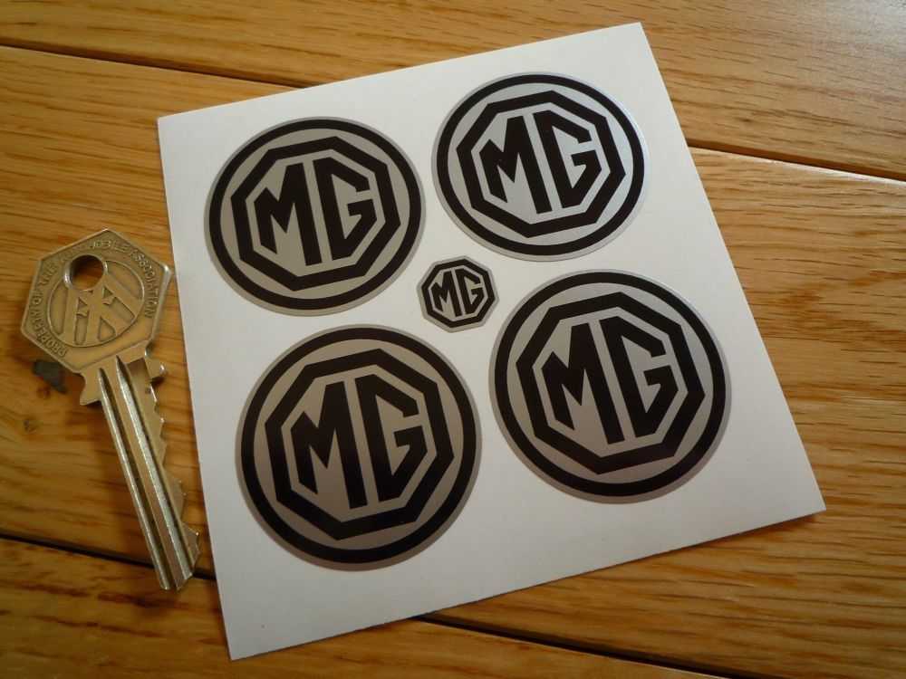 MG Wheel Centre Style Stickers. Silver & Black. Set of 4. 40mm.