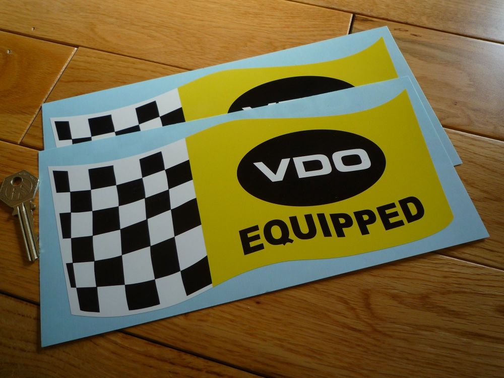 VDO Equipped Wavy Chequered Flag Stickers. 5" or 10" Pair.