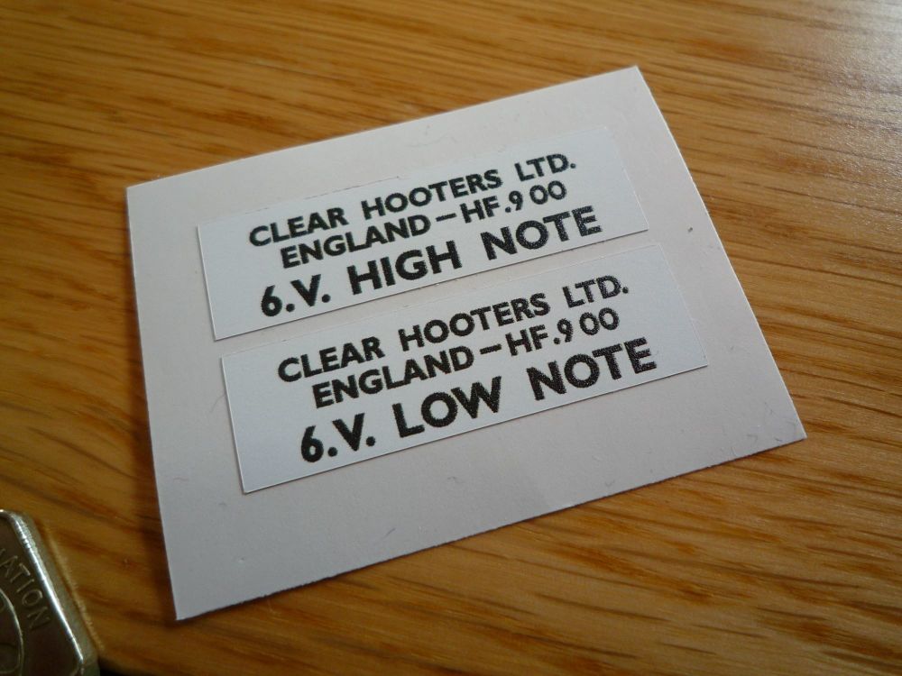 Clear Hooters High & Low Note Horn stickers. 38mm x 12mm Pair.